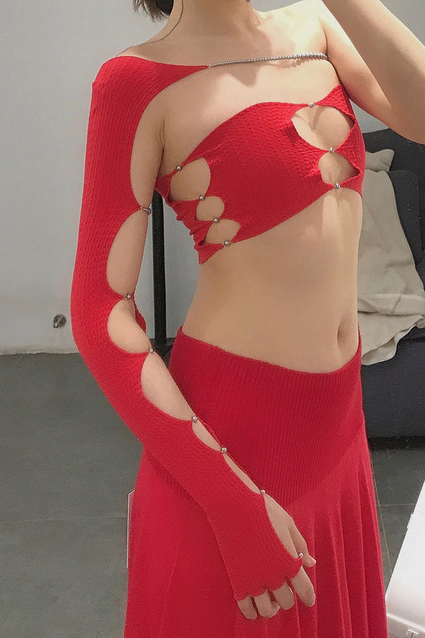 RUI R014-AW20 cross chain long gloves ruby